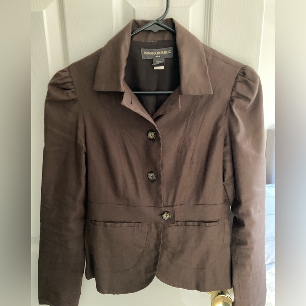 BANANA REPUBLIC Olive Green Brown Linen Blend Jacket Blazer Safari Career Sz 2